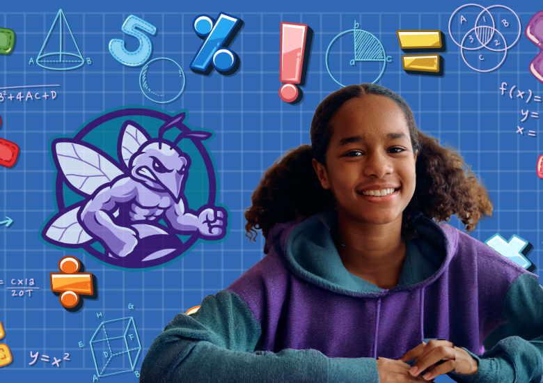Student seated in front of algebra math symbols